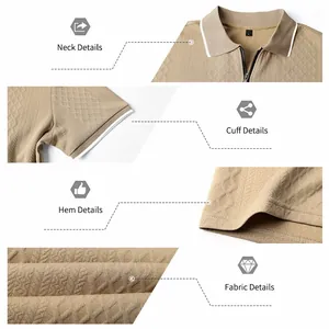 Detailed view of men's jacquard polo shirt featuring zipper neck and striped cuffs