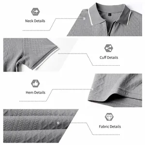 Detailed macro view of men's gray retro jacquard polo shirt showing fabric and stitching