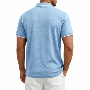 Back view of light blue short-sleeved jacquard knit Polo shirt for men with white trim