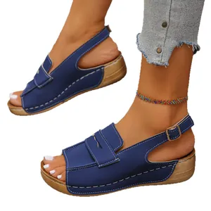 Sandali blu con zeppa da donna con cinturino regolabile per la spiaggia estiva