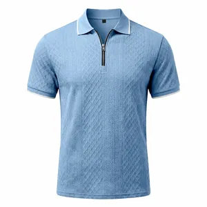 Close-up of vintage jacquard texture and metal zipper on light blue polo shirt