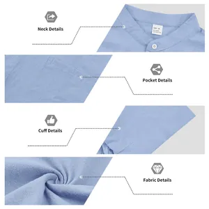 Details des blauen Leinenhemdes für Herren: Kragen, Tasche, Manschette und Stoffstruktur