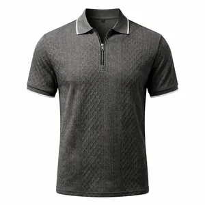 Front view of grey retro jacquard polo shirt with zipper and contrast collar trim