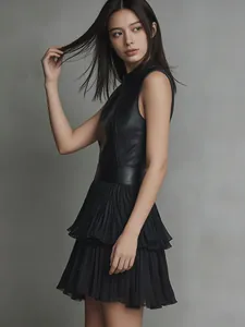 Détail de la robe patchwork en similicuir noir sans manches et sa jupe à volants plissés