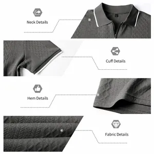 Close-up details of men's vintage jacquard polo shirt showing neck, cuff, and fabric