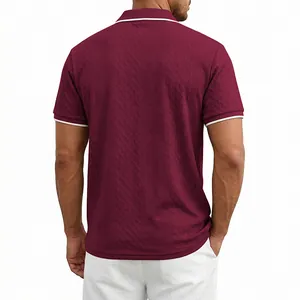 Detailed back view of a men's vintage burgundy textured polo shirt with white trim.