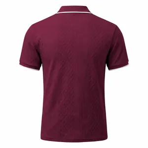Detailed back view of men's vintage burgundy jacquard polo shirt with white tipped collar