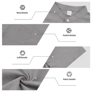 Details eines Herren-Leinenhemds mit Stehkragen: Kragen, Tasche, Manschette und Stoff