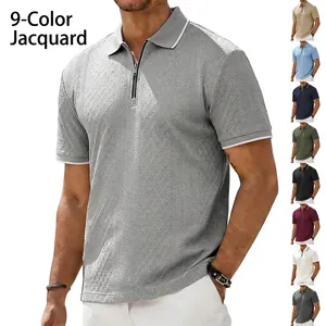 Men's Vintage Jacquard Polo Shirt Short Sleeve Zipper Lapel Contrast Stripe Heavyweight Casual Knitted Top For Summer