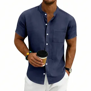 Herren Kurzarmhemd aus Leinen in Marineblau mit Stehkragen und Taschendetail