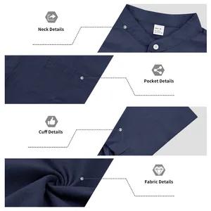 Detailansicht des dunkelblauen Leinenhemds für Herren mit Kragen-, Taschen- und Stoffdetails.