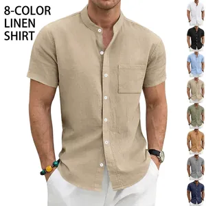 Herren Casual Leinen Kurzarm Hemd Sommer Lockere Stehkragen Knopfleiste Strand Urlaub Einfarbiges Hemd Oberteil