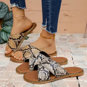 Damen Schlangenmuster Flache Slides Strassbesatz Sommer Offene Zehe Überkreuzte Riemen Sandalen Lässige Strandhausschuhe Übergröße Schuhe
