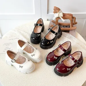 Girls Retro Thick Sole Mary Jane Shoes Patent Leather Rhinestone Bow French Style Princess Shoes For Children