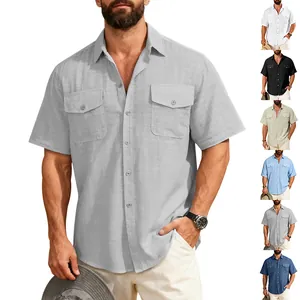 Color variations display of men's loose linen-look short sleeve work shirt with pockets