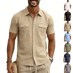 Chemise Cargo en Lin Respirante pour Hommes Été Décontractée à Manches Courtes avec Col Rabattu et Multi Poches Mode Plein Air