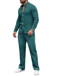 Detail of men's ribbed dark green long sleeve shirt and matching pants casual set