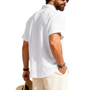 Detailed view of white linen-like short-sleeved shirt with breathable fabric texture