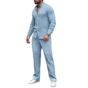 Men's light blue vertical striped Henley collar shirt and matching pants outfit set