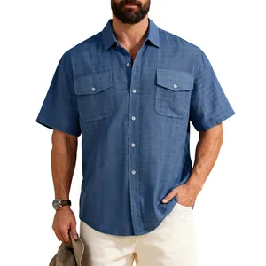 Men's blue short-sleeve workwear shirt with dual chest pockets and linen-like texture