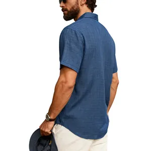 Detailed back view of a men's breathable blue linen-like short-sleeved casual shirt for summer