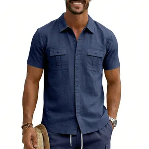 Chemise homme en lin bleu marine à manches courtes avec poches cargo de style décontracté