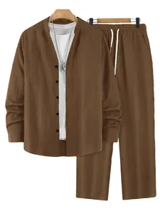 Detailed view of men's brown striped Henley shirt and matching trousers set