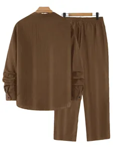 Back view detail of men's casual brown Henley shirt and trousers set with crinkle texture