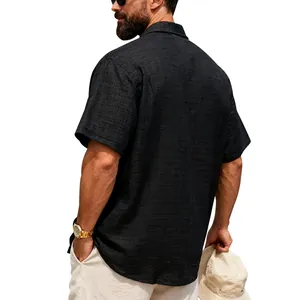 Back view detail of men's loose linen-texture black short-sleeve casual shirt