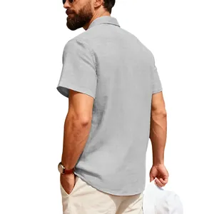 Back view of men's light gray linen-look short-sleeved casual shirt with clean lines