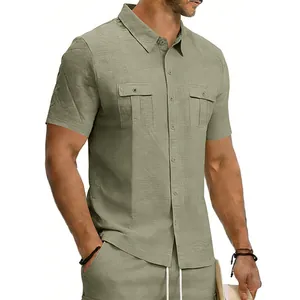 Chemise boutonnée en lin vert olive pour hommes avec deux poches poitrine