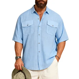 Front view of light blue men's linen-textured shirt with dual chest pockets.