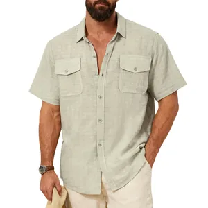 Casual men's sage green linen-texture short sleeve shirt with double chest pockets