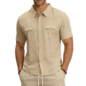 Ensemble chemise cargo décontractée en lin à manches courtes pour homme avec poches