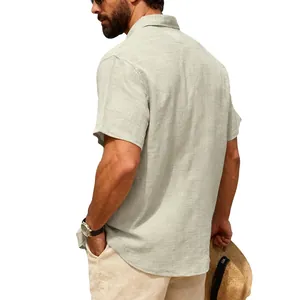 Detailed back view showing the texture of a men's short-sleeve linen-like casual summer shirt.