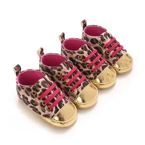 Fashion Leopard Print Infant Pre-walker Shoes Metallic Gold Rivet Decor Lace-up PU Soft Sole Anti-slip Baby Walking Shoes