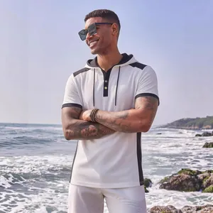 Herren Kapuzen T-Shirt Polyester Waffelstrick Farbblock Slim Fit Henley Ausschnitt Kurzarm Sportlich Lässig Pullover Top