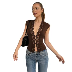 French style V-neck sleeveless top with brown lace trim and a slim silhouette for women.