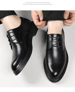 Close-up of black breathable hollow-out dress shoes with 8cm elevator sole for men