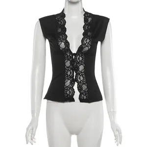 Sleeveless black V-neck top featuring elegant floral lace trim details on a white mannequin