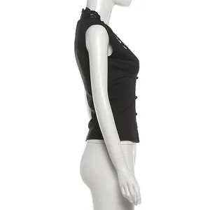Side view of a black French style V-neck sleeveless vest top with lace collar trim