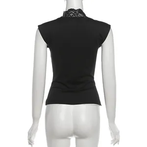 Detailed back view of a black sleeveless top featuring elegant lace collar on mannequin.
