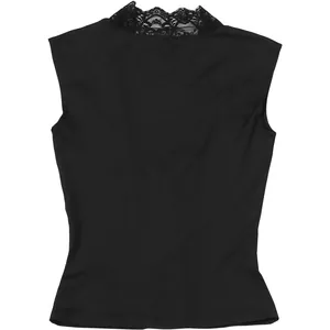 Detail view of a black sleeveless tank top featuring delicate lace trim at the back collar.