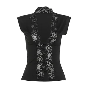 Close-up detail of a black sleeveless top featuring intricate lace trim and V-neckline