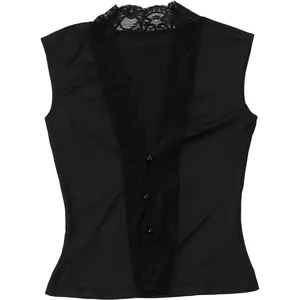 Detailed view of elegant black V-neck sleeveless top with delicate lace trim