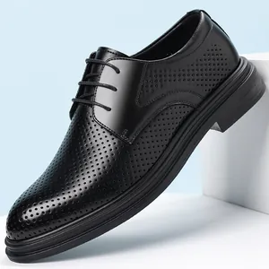 Men Business Formal Leather Shoes Hollow Breathable British Style Lace-up Height Increasing Wedding Office Dress Shoes Split Leather