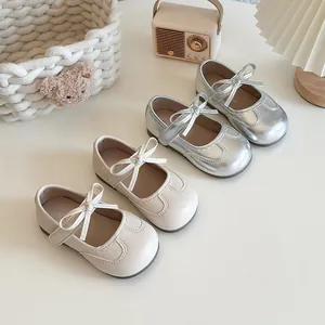Girls Mary Jane Shoes Bow Soft Sole Princess Flat Shoes Silver Beige Synthetic Leather Toddler Baby Dress Shoes For Wedding