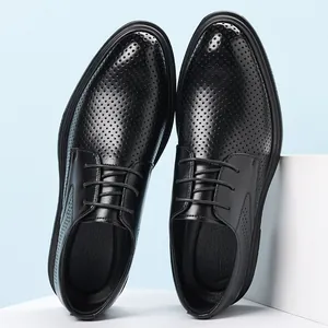 Elegant men's breathable black hollow-out formal leather dress shoes for weddings