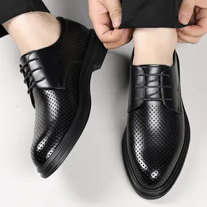 Men's black hollow-out breathable business dress shoes with height increasing design