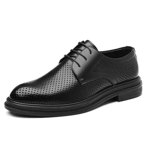 Classic black men's hollowed breathable business dress shoes with 8cm height increase